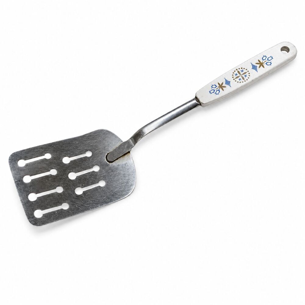 Vintage EKCO Chromium Plated Slotted Spatula Floral Handle USA Kitchen Utensil